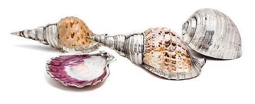 A Group of Four Silver Plated Shells Length of longest 11 3/4 inches.