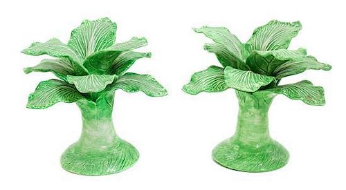 A Pair of Dodie Thayer Lettuce Ware Candlesticks Height 5 1/2 inches.