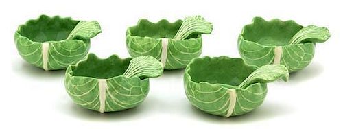 Five Dodie Thayer Lettuce Ware Open Salts with Spoons Diameter 3 inches.