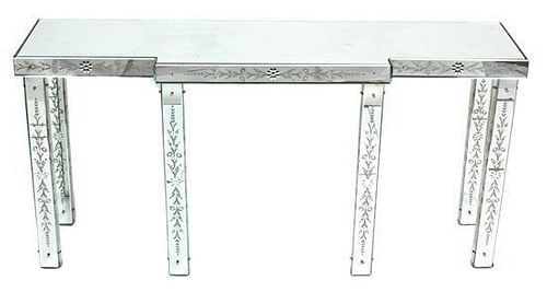 A Venetian Style Mirrored Console Table Height 32 x width 65 x depth 17 inches.