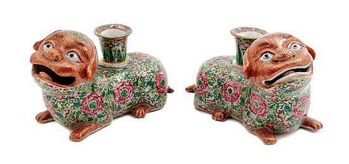 A Pair of Chinese Export Famille Rose Porcelain Candlesticks Length 7 inches.