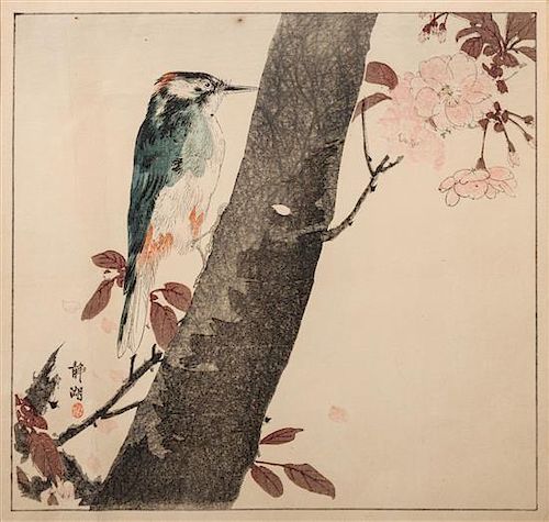Seiko Okuhara, (Japanese, 1837-1918), Two works: Woodpecker on a Cherry Tree and A Pair of Birds on Flowering Branch
