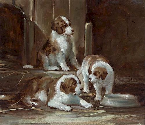 English School, (20th century), Three Brown and White Mastiff Puppies