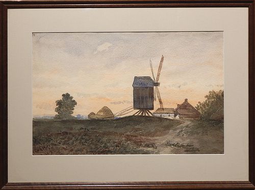Dutch Farm Landscape w/ Windmill & Grain Stacks
