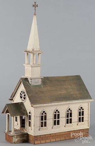 Painted pine model of a church, ca. 1900, with a note identifying the maker as Fred Brooks of Boston