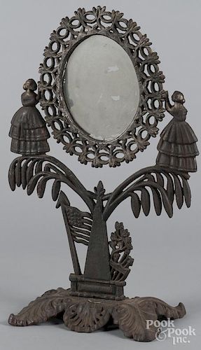 Cast iron dressing mirror, late 19th c., with two female figures flanking the mirror