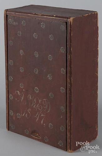 Scandinavian painted pine slide lid box, dated 1847, retaining its original red surface