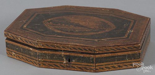 Painted dresser box, ca. 1830, the lid with a central landscape within geometric borders, 2'' h.