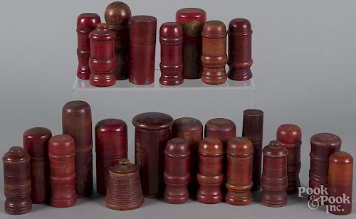 Red treen canisters, early 20th c., tallest - 5 1/2''.
