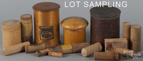 Treen canisters, several with their original labels, tallest - 5 1/4''.