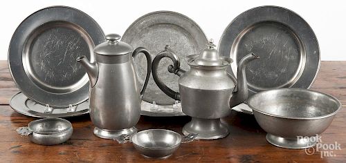 Ten pieces of assorted pewter, 19th/20th c., to include a Cranston Rhode Island coffee pot