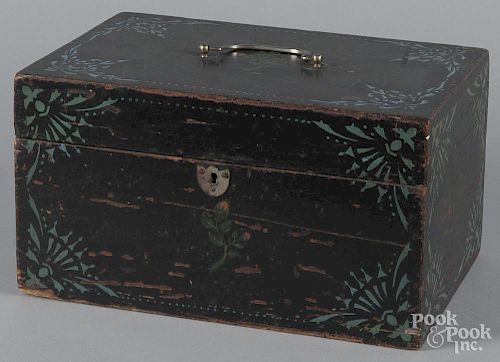 Painted pine lock box, 19th c., retaining an old black surface with turquoise stencils, 7 1/2'' h.