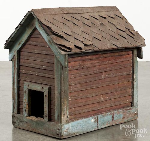 Painted wood and tin birdhouse, early 20th c., 19 1/2'' h., 20 1/2'' w.