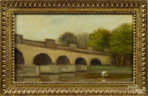 Oil on board landscape, 20th c., of a rower on the Schuylkill, signed M. Ellis, 7'' x 12''.