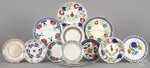Fourteen stick spatter plates and soup bowls, 7 3/4'' - 11'' dia.