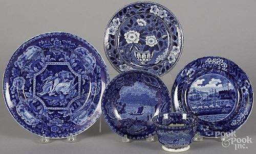 Five pieces of blue Staffordshire, 19th c., to include a Landing of Lafayette plate and a Wadsworth