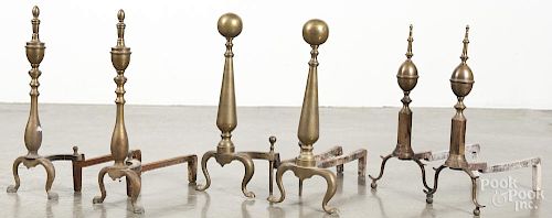 Three pairs of reproduction brass andirons, tallest - 20''.