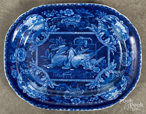 Blue Staffordshire platter with dead game decoration, 16 1/4'' l., 20 3/4'' w.