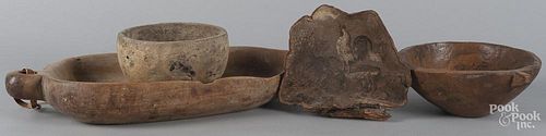 Three wooden bowls, together with a painted fungus with rooster, largest - 12'' h., 24 1/2'' dia.