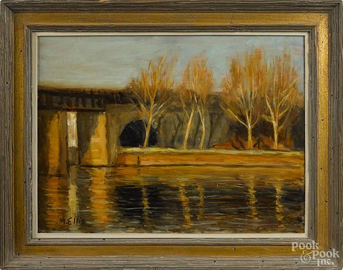 Oil on board riverscape, depicting the Schuylkill River, signed M. Ellis, 12'' x 16''.