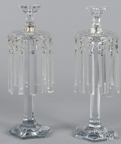 Pair of colorless glass candlesticks with prisms, 15 1/2'' h.