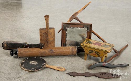 Woodenware, to include a kniddy noddy, a hearth broom, a painted stool, etc.