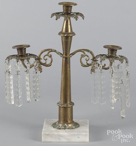 Brass candelabra with prisms, 19th c., 16'' h.