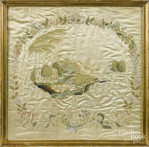 Silk embroidered picture, early 19th c., 17 1/2'' x 17 1/4''.