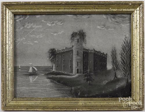 Sandpaper drawing, 19th c., of a castle on the shore, 7'' x 9 3/4''.