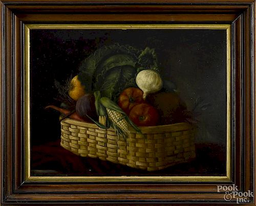 Oil on board still life, ca, 1900, depicting a basket of vegetables, 18 1/2'' x 24 1/2''.