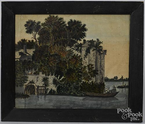 Watercolor landscape, 19th c., with a castle on a river, 13'' x 16''.