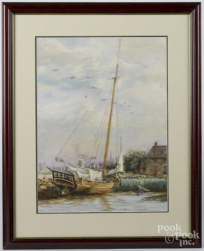 Watercolor river scene, late 19th c., with a sailboat and cottage, 17 1/2'' x 13''.