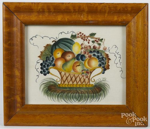 Two contemporary oil on velvet theorems of baskets of fruit, 9'' x 11 1/4'' and 7'' x 9''.