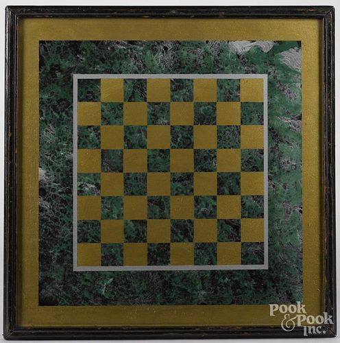 Reverse painted faux marble gameboard, frame - 21 1/4'' x 21 1/2''.