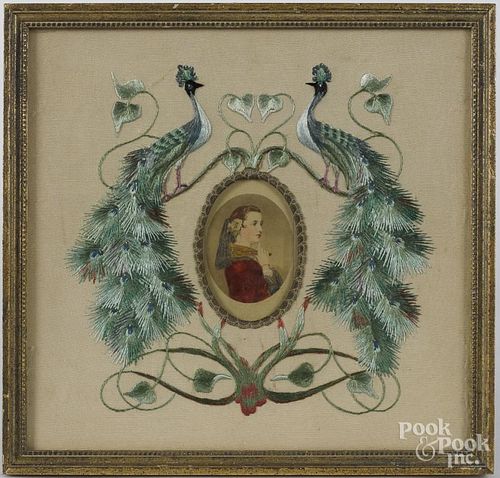 Two silkwork embroideries with central portrait vignettes, 10'' x 10 1/2'' and 17 1/2'' x 13 1/2''.