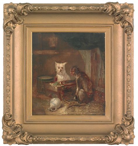 German oil on panel interior scene with a monkey a