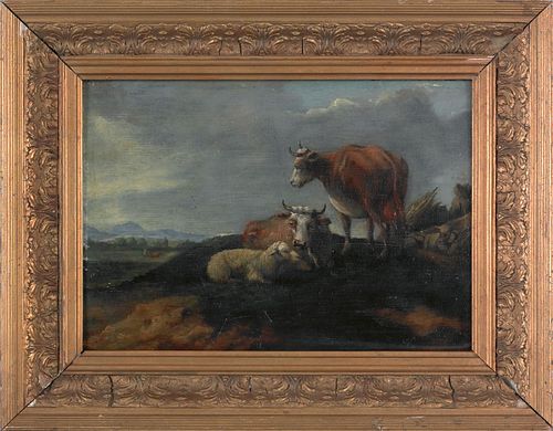 Continental, 18th c., oil on panel bucolic landsca