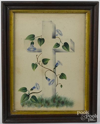 Watercolor of an ivy wrapped cross, 11 1/2'' x 8 1/2'', together with a cut paper cross