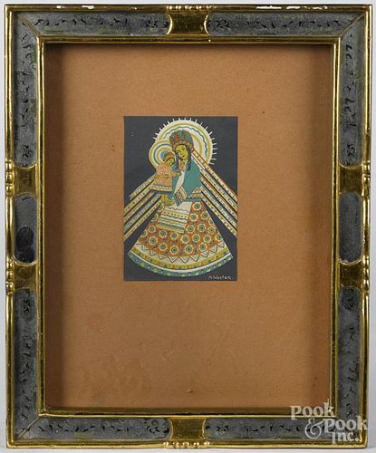 M. Werten block print, housed in a giltwood and eglomise frame, together with a framed ivory fan.