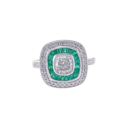 Platinum Cushion Cut Diamond Emerald Ring