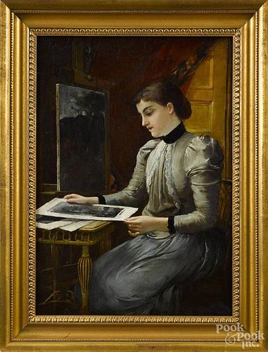 Oil on canvas of a woman painter, late 19th c., signed Montenegro, 17'' x 12''.
