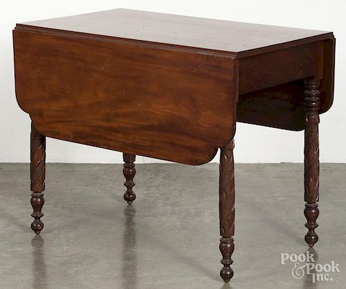Sheraton mahogany drop leaf table, ca. 1825, with carved legs, 28 1/2'' h., 22'' w., 36'' d.