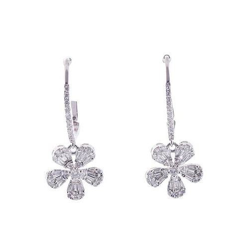 14k Gold Diamond Flower Drop Earrings