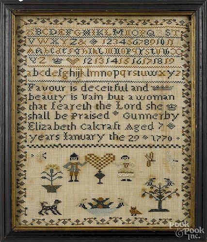 Needlework sampler, wrought by Elizabeth Calcraft, 1770, with alphabet and numbers above verse