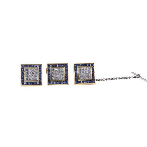 18k Gold Diamond Sapphire Tie Tac Cufflinks Set