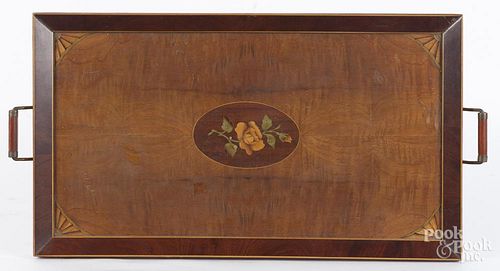 Inlaid tiger veneer tea tray, 13'' l., 25 1/2'' w.