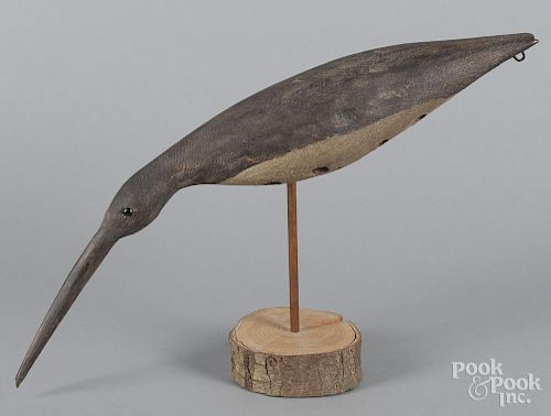 Carved and painted shorebird decoy, signed Sickle Bill Curlew, by William McMorrow, Green Harbor