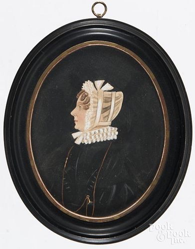 Miniature watercolor and gouache profile portrait of a woman, identified verso as Emma A. Grason
