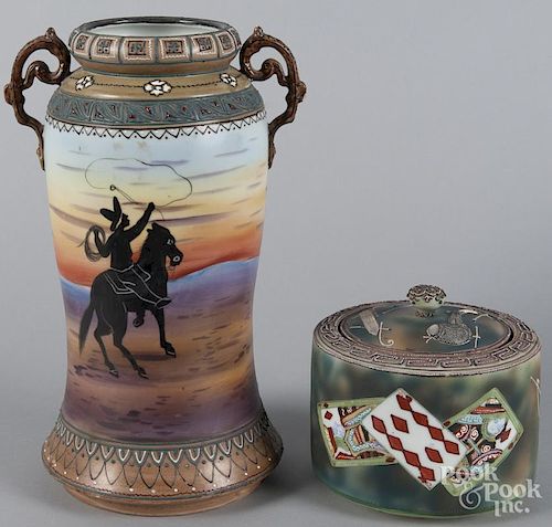 Nippon porcelain vase with cowboy decoration, 12'' h., together with a covered jar with playing cards