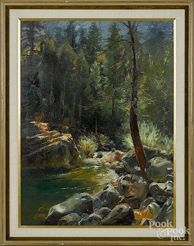 Stephen Juharos (American 1913-2010), oil on canvas, titled Mountain Stream, signed lower right
